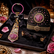 Load image into Gallery viewer, Blk, pink, and gold diva tie
