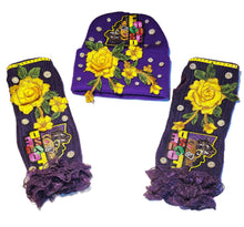 Load image into Gallery viewer, Purple and Yellow beanie and gloves

