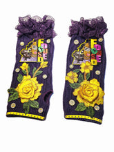 Load image into Gallery viewer, Purple and Yellow beanie and gloves
