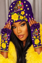 Load image into Gallery viewer, Purple and Yellow beanie and gloves
