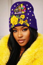 Load image into Gallery viewer, Purple and Yellow beanie and gloves
